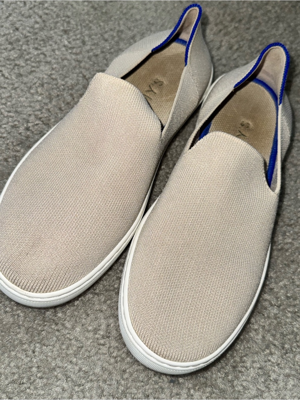 Women’s Rothy's Slip-On Sneakers in Beige with Blue Trim size 8.5